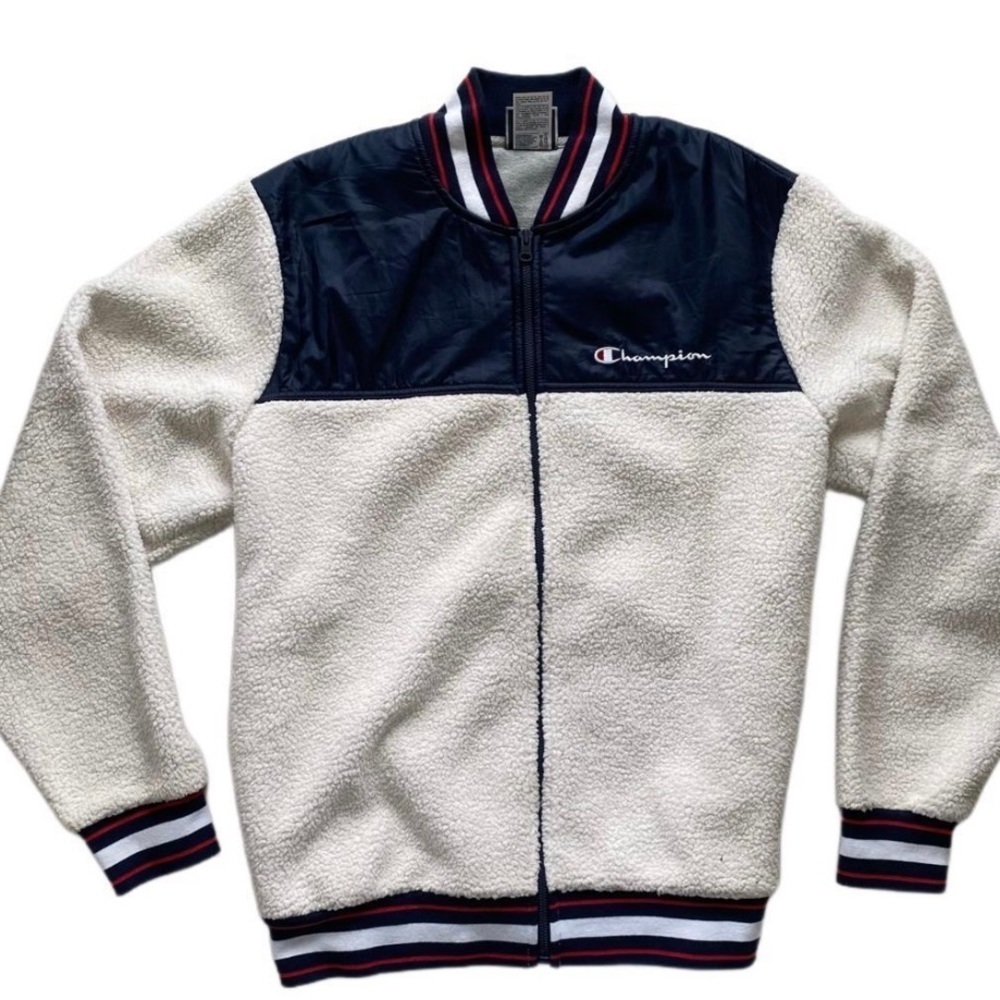 Unisex Champion blue and cream Sherpa nylon baseball jacket size small